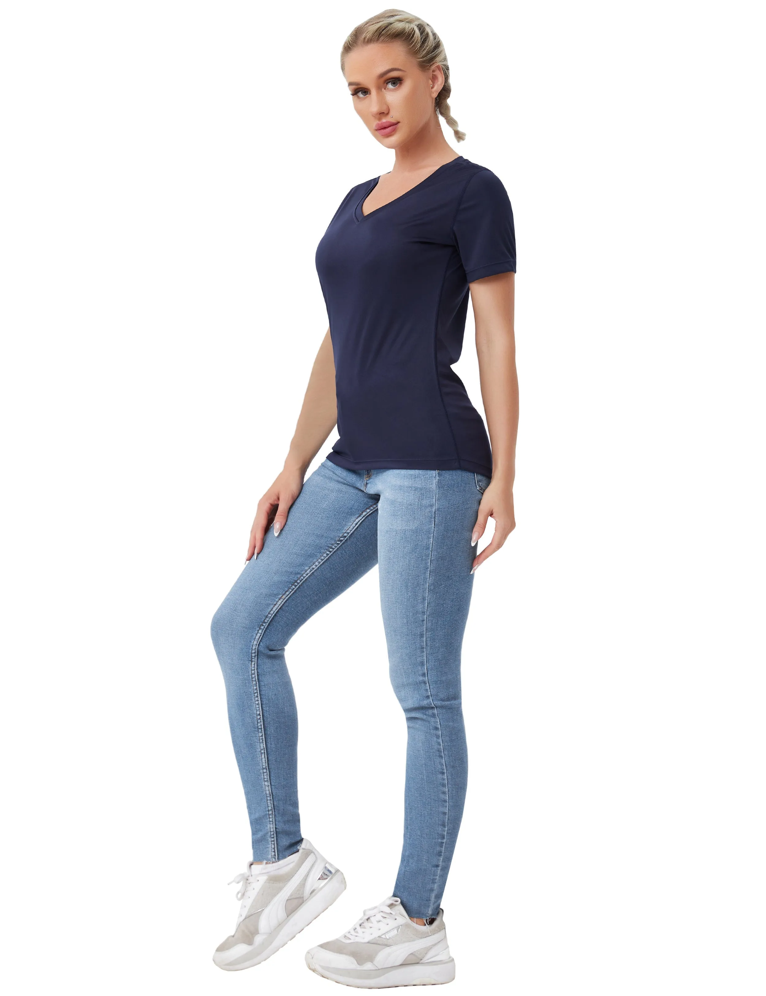 V-Neck Short Sleeve Athletic Shirts darknavy_yoga