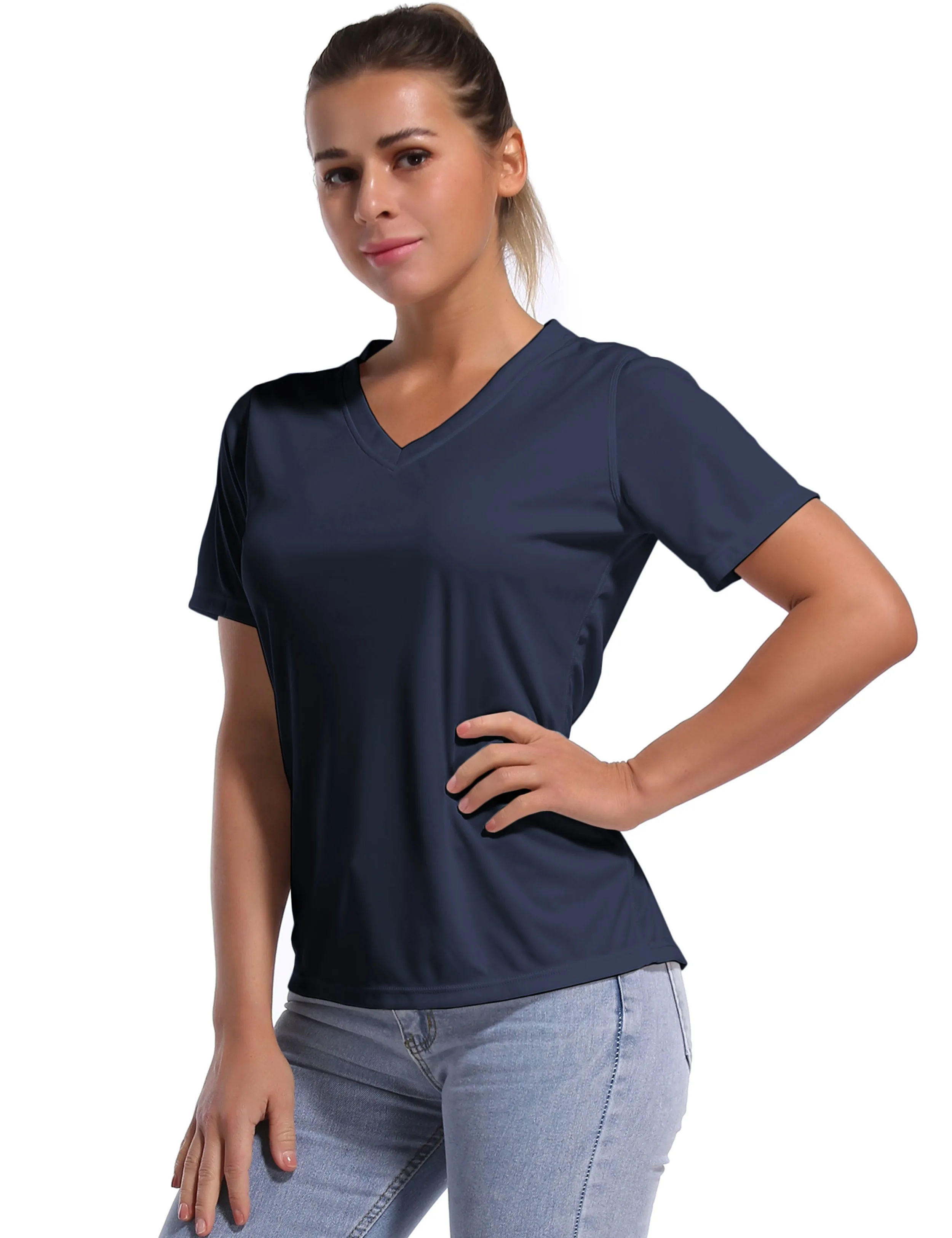 V-Neck Short Sleeve Athletic Shirts darknavy_yoga