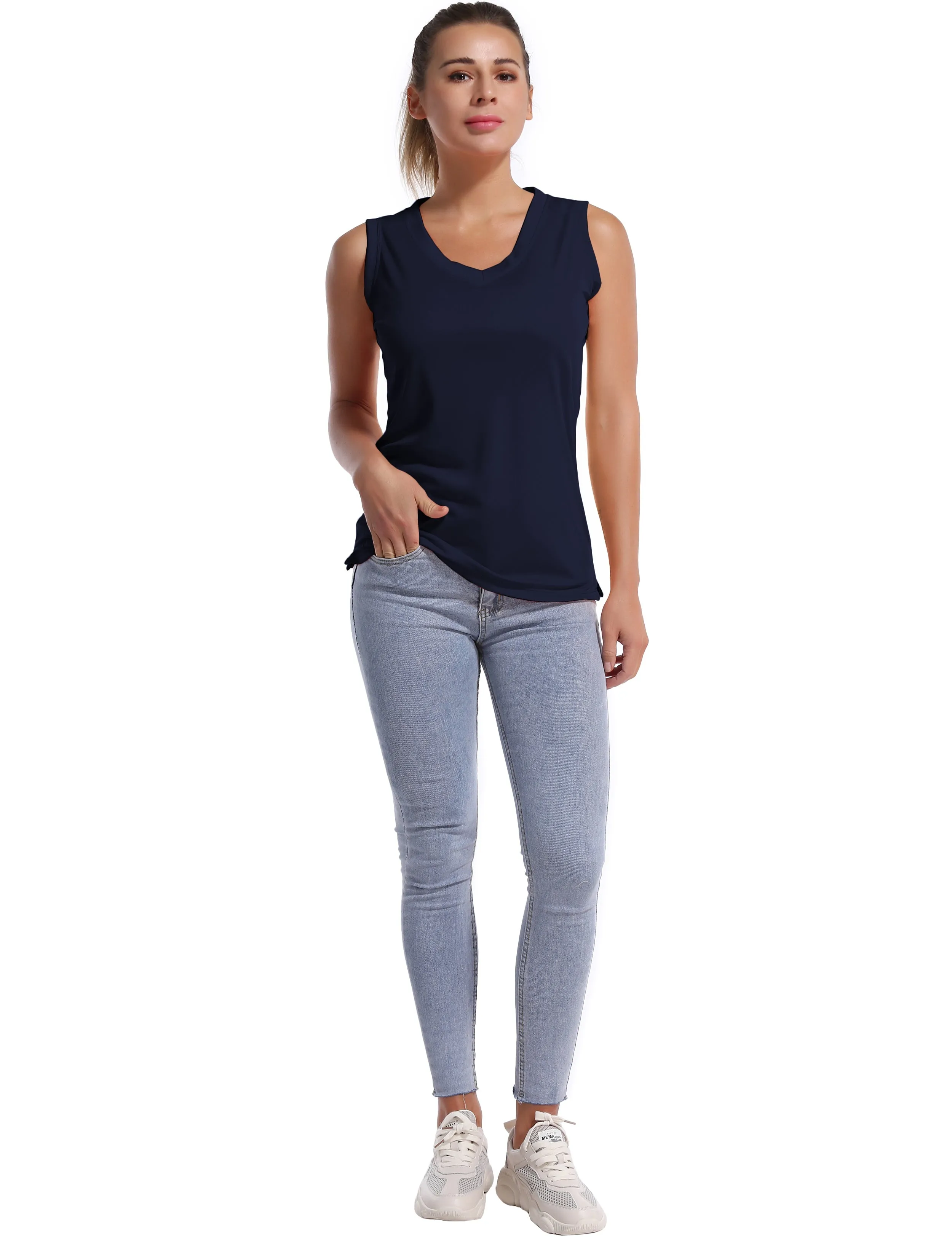 V Neck Sleeveless Athletic Shirts darknavy_Running