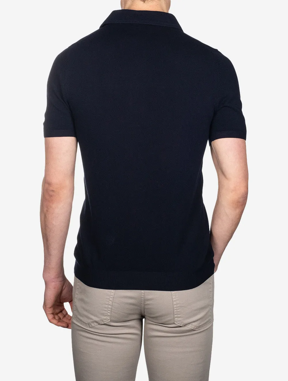 Weave Short Sleeve 3 Button Polo Navy