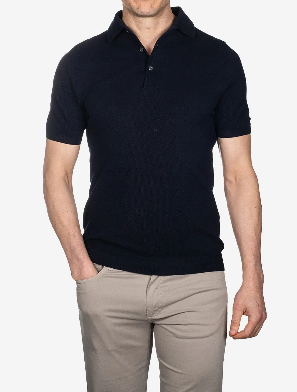 Weave Short Sleeve 3 Button Polo Navy