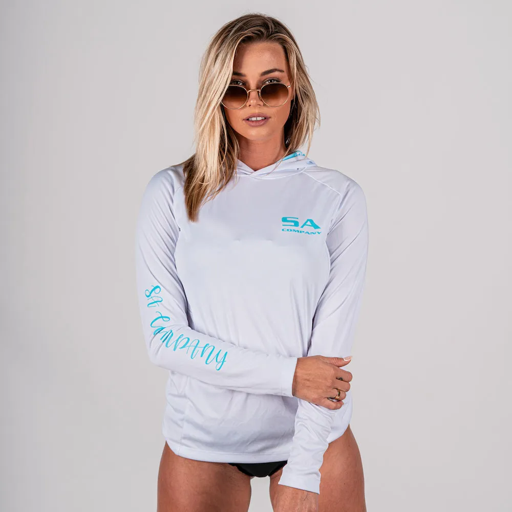 Women's Hooded Performance Long Sleeve Shirt | White | Tidal Waves﻿